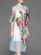 Shein Green Sheer Flowers Embroidered Dress