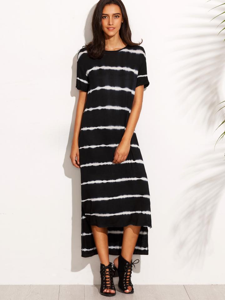 Shein Black Tie Dye Stripe High Low T-shirt Dress