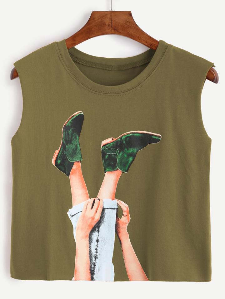 Shein Army Green Graphic Print Crop Top