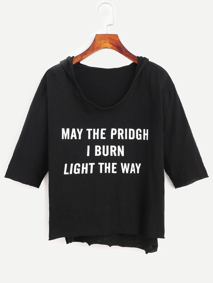 Shein Black Slogan Print Elbow Sleeve Asymmetric Hem Hooded T-shirt