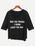 Shein Black Slogan Print Elbow Sleeve Asymmetric Hem Hooded T-shirt