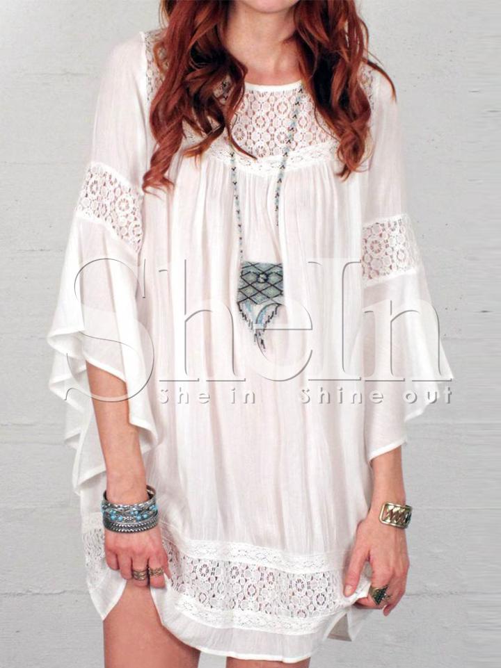 Shein Beige Lace Embroidered Keyhole Back Dress