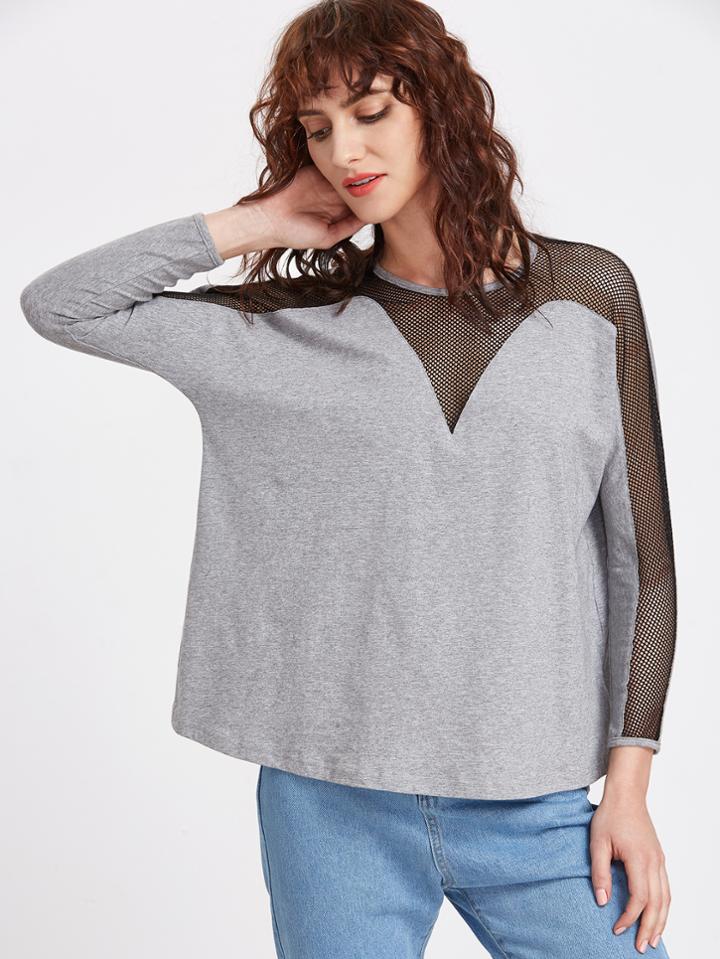 Shein Heather Grey Contrast Fishnet Panel Long Sleeve T-shirt
