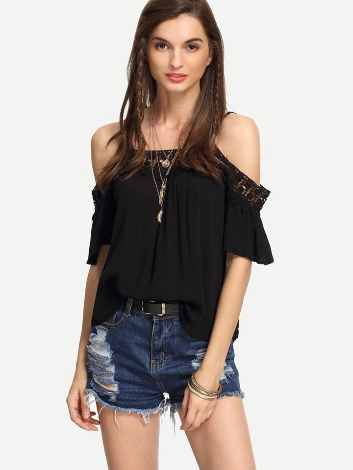 Shein Black Lace Trimmed Cold Shoulder Top