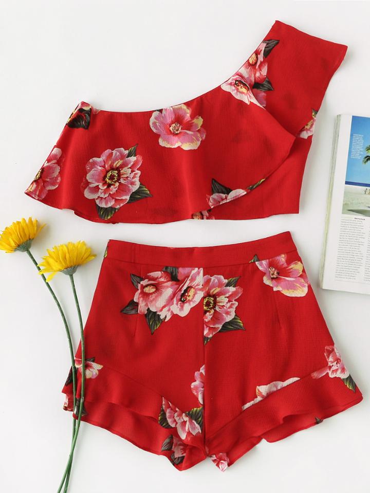 Shein Flounce One Shoulder Crop Top And Shorts Co-ord