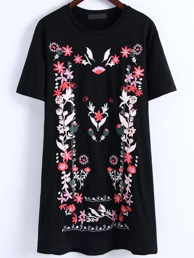 Shein Black Floral Embroidery T-shirt Dress