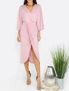 Shein Pink Three Quarter Sleeve Sheath Surplice Dress