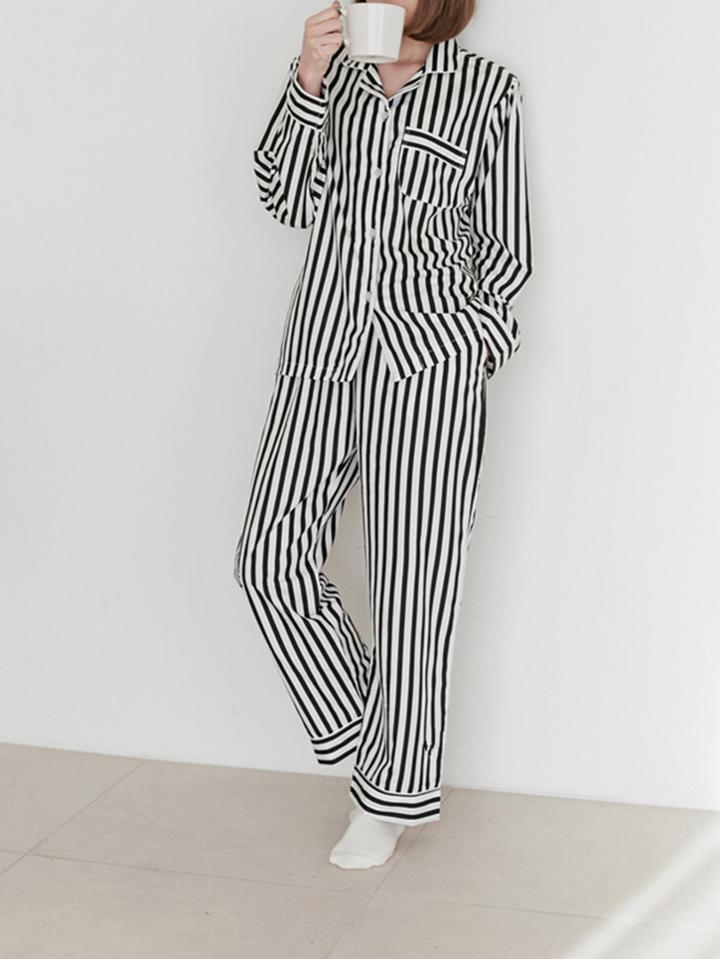 Shein Contrast Stripe Shirt & Pants Pj Set