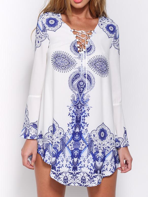 Shein Bell Sleeve Self-tie Paisley Print Dress