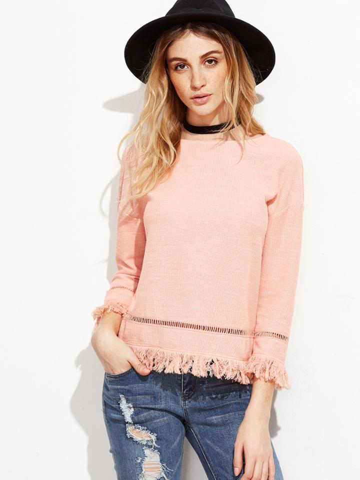 Shein Pink Eyelet Crochet Insert Fringe Trim Top