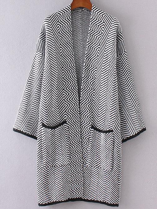 Shein Black Wave Pattern Collarless Front Pocket Long Cardigan