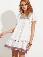 Shein White Embroidered Pompom Trim Ruffle Sleeve Dress