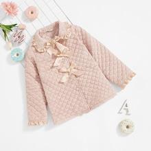 Shein Girls Ruffle Trim Bow And Button Front Coat