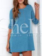 Shein Blue Textured Long Sleeve Casual Dress