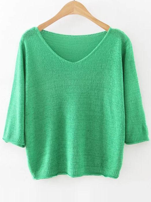 Shein Green V Neck Ribbed Trim Knitwear