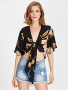 Shein V-neckline Random Florals Chiffon Top With Neck Tie