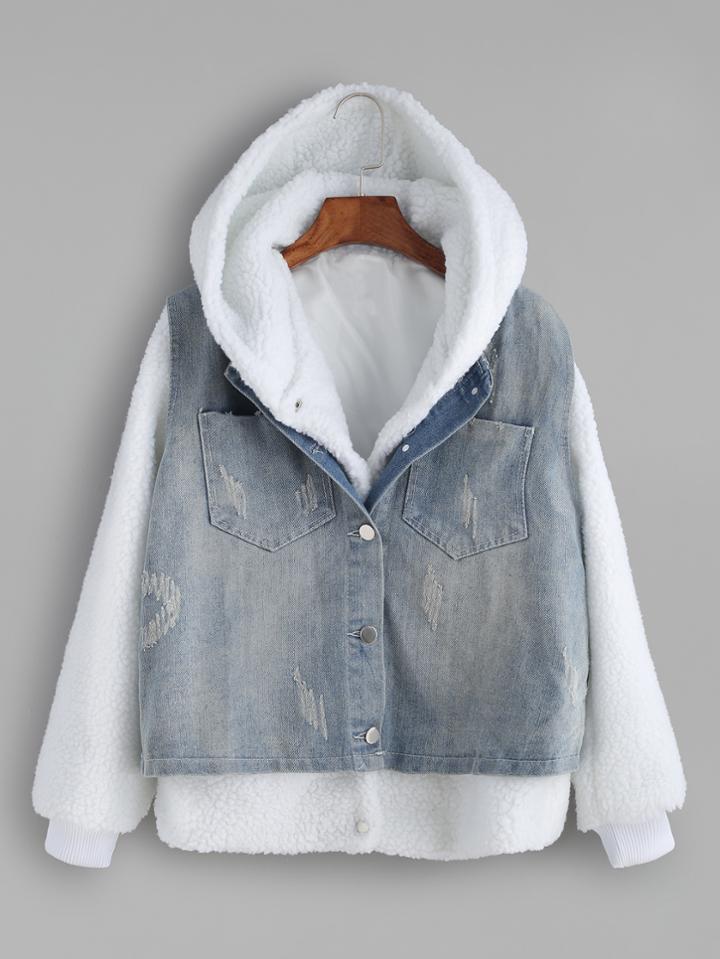 Shein White Faux Shearling Hooded Top With Denim Vest