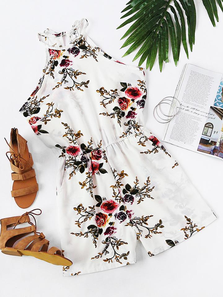 Shein Floral Print Random Split Back Halter Romper