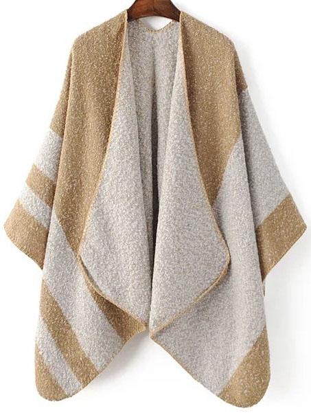 Shein Khaki Color Block Shawl Collar Poncho Sweater