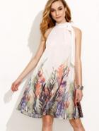 Shein Print Bow Tie High Neck A-line Dress