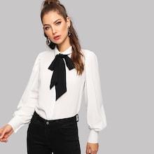 Shein Bishop Sleeve Tie-neck Blouse