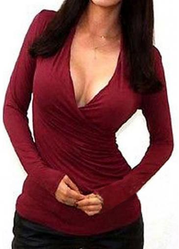 Rosewe Deep V Neck Wine Red Ruched T Shirt