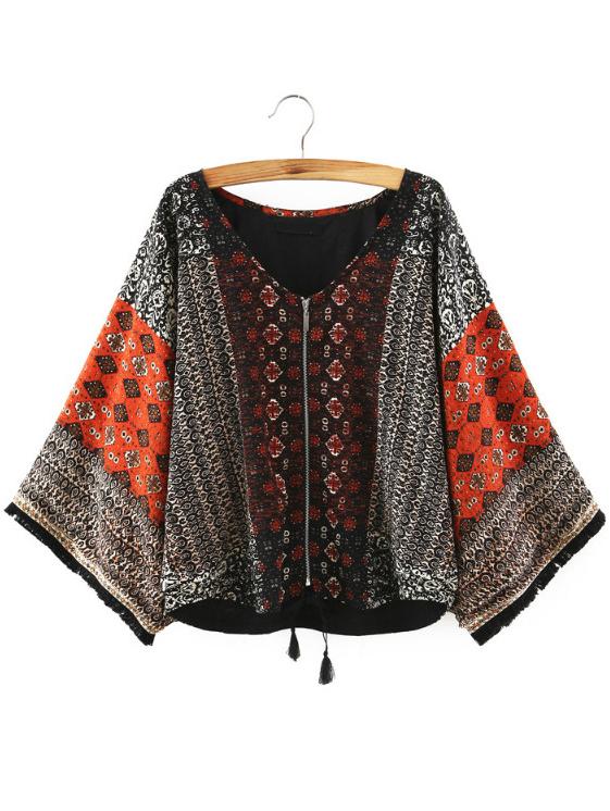 Shein Colour V Neck Zipper Floral Blouse