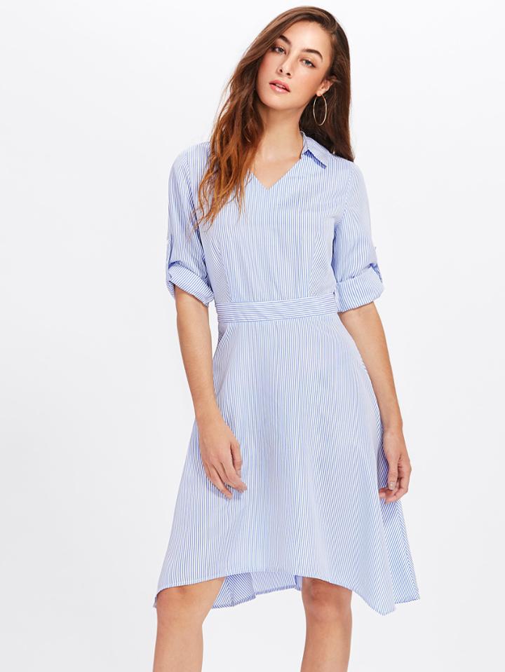 Shein Roll Tab Sleeve Pinstripe Dress