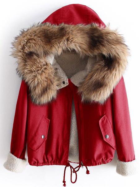 Shein Fleece Lined Jacket With Faux Fur Trim Hood