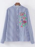 Shein Blue Vertical Striped Bird Embroidery Side Slit Blouse