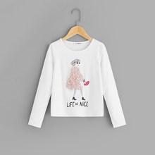 Shein Girls Fuzzy Patch Detail Graphic Tee