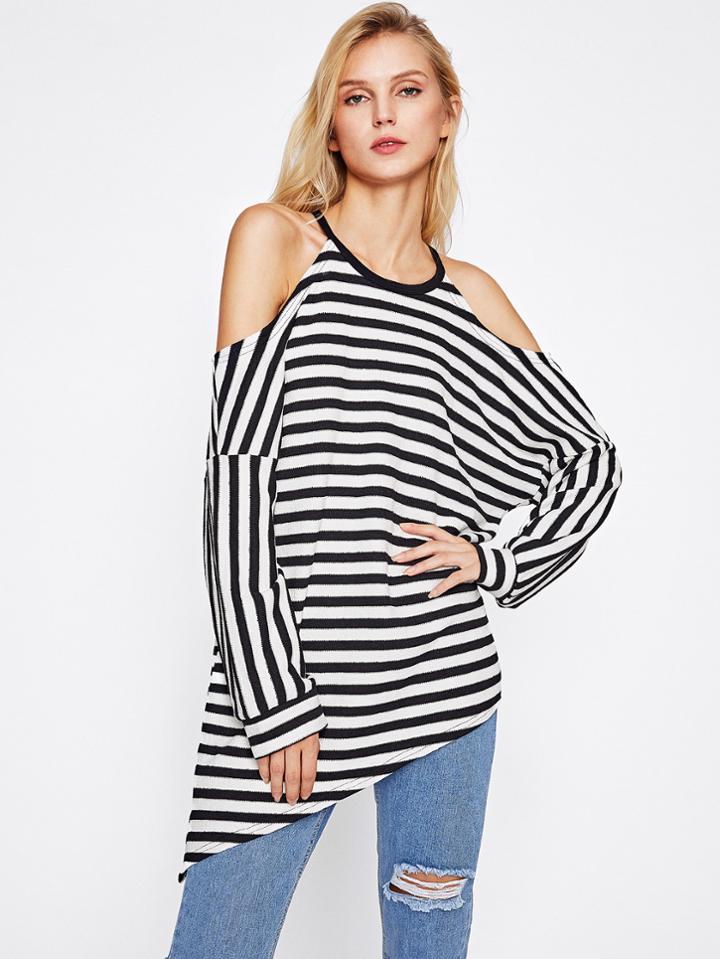 Shein Open Shoulder Asymmetric Striped Top