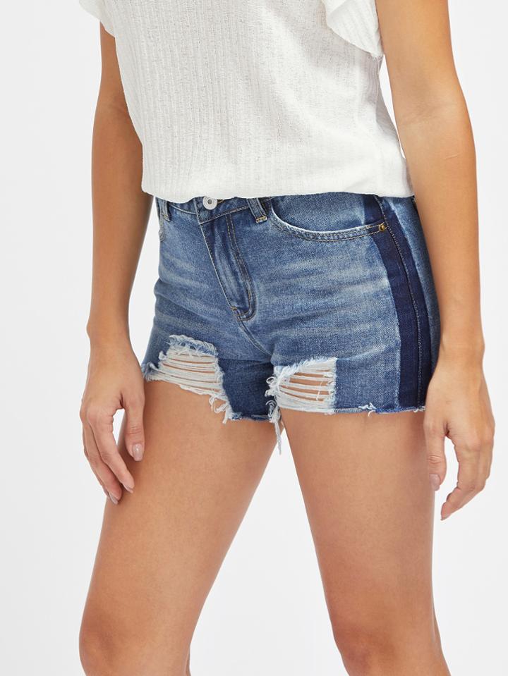 Shein Color Block Ripped Raw Hem Denim Shorts