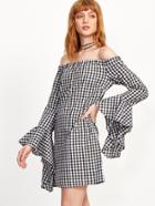 Shein Check Plaid Off The Shoulder Bell Sleeve Dress