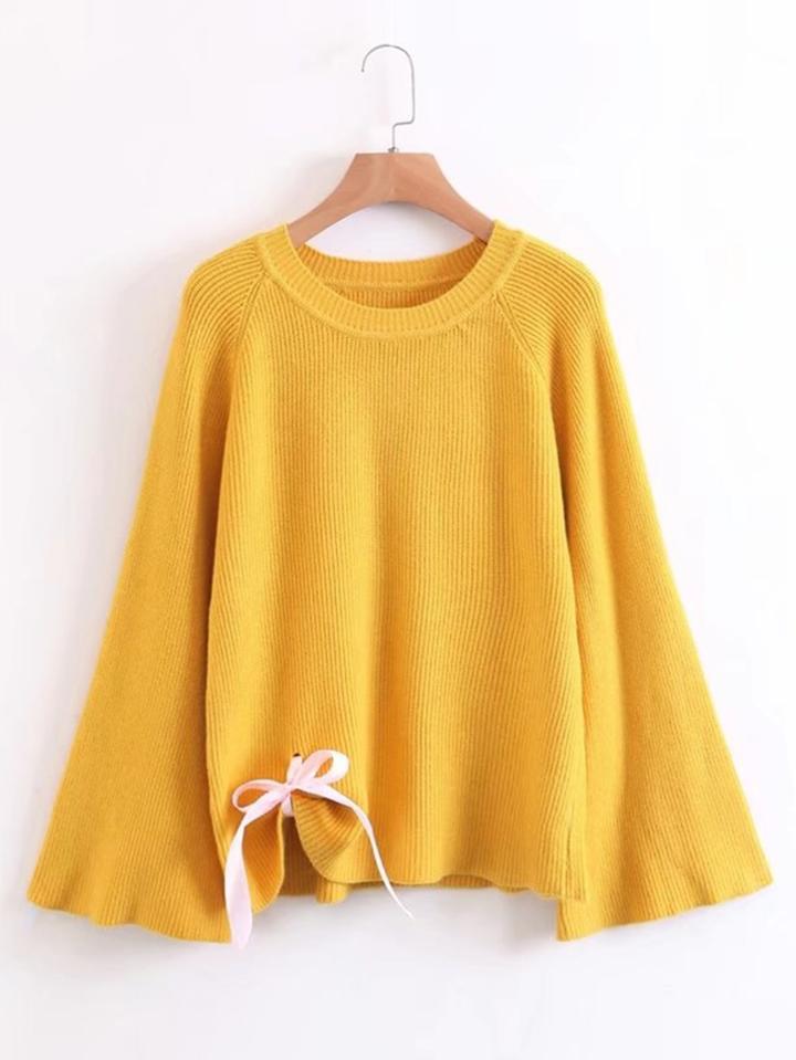 Shein Bow Tie Raglan Sleeve Ribbed Knit Sweater