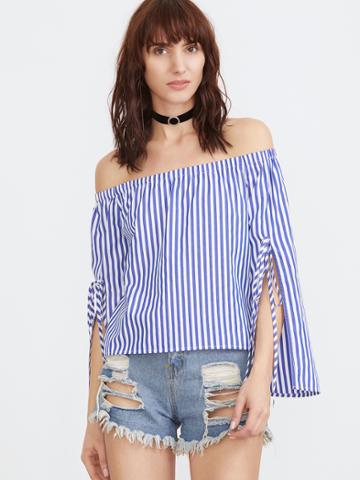 Shein Blue And White Striped Tied Split Sleeve Off The Shoulder Top