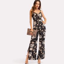 Shein Eyelet Lace Up Back Printed Split Jumpsuit