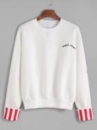 Shein White Embroidered Contrast Cuffed Sweatshirt