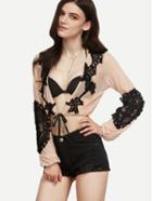 Shein Apricot Deep V Neck Contrast Crochet Applique Crop Top