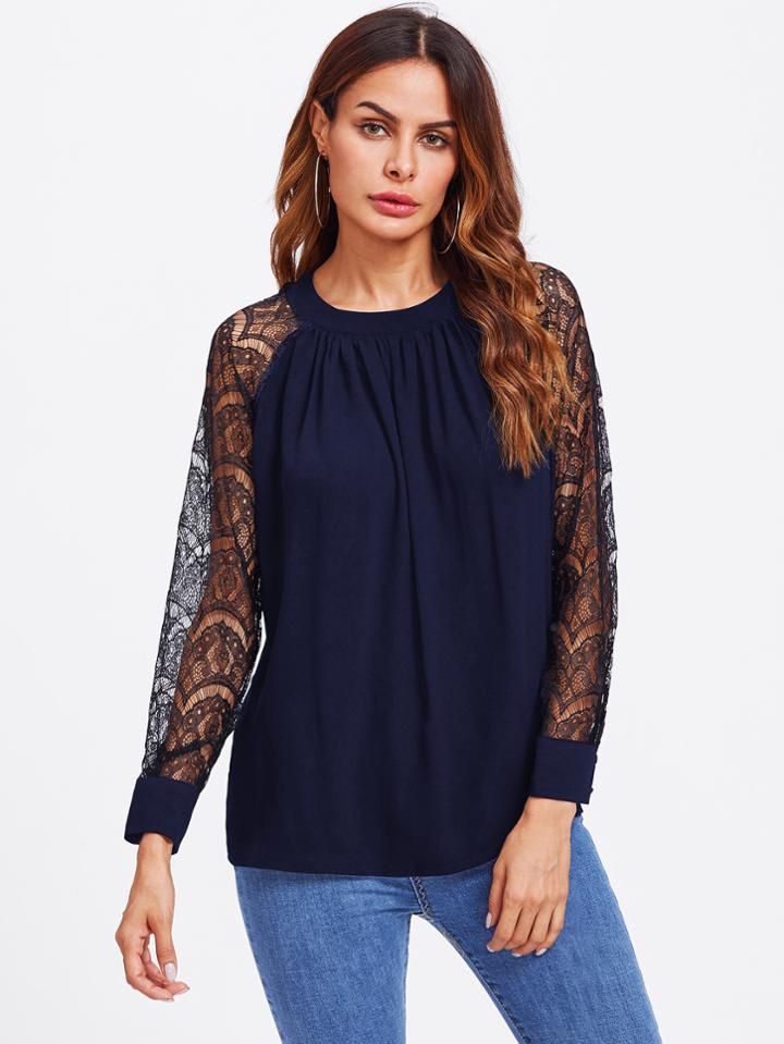 Shein Contrast Lace Raglan Sleeve Tie Back Blouse