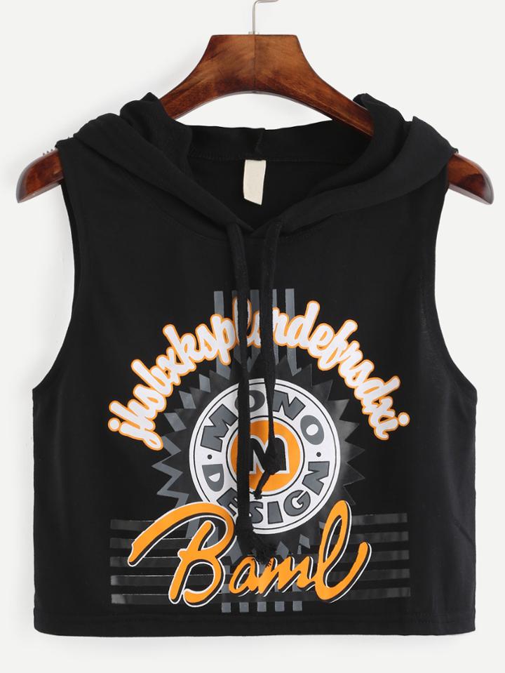 Shein Black Graphic Print Hooded Tank Top