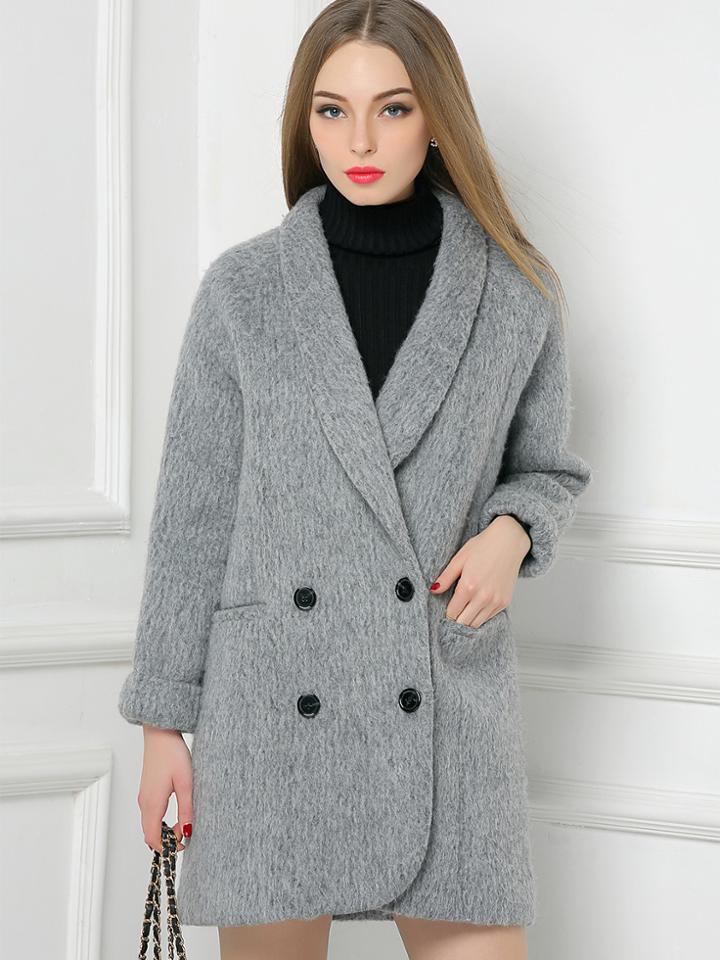 Shein Grey V Neck Long Sleeve Pockets Coat