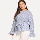 Shein Plus Flounce Cuff Belted Striped Blouse