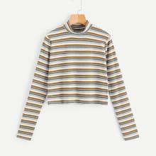 Shein Mock-neck Rib Knit Striped Crop Tee