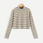 Shein Mock-neck Rib Knit Striped Crop Tee