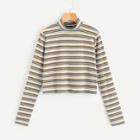 Shein Mock-neck Rib Knit Striped Crop Tee