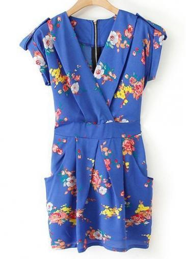 Rosewe Vintage V Neck Sleeveless Flower Print Chiffon Dress