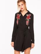 Shein Rose Embroidered Patch Curved Hem Belted Shirt Dress