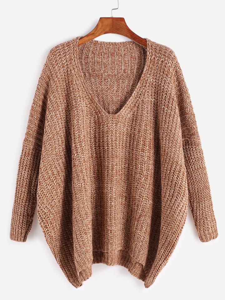 Shein Khaki Marled Knit Drop Shoulder Sweater