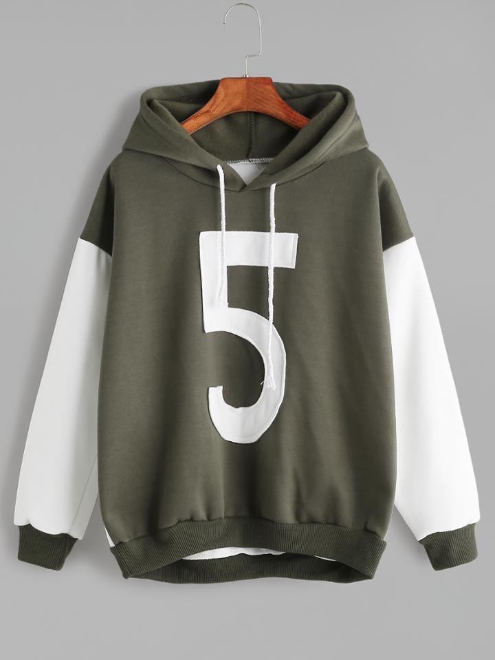 Shein Color Block Hooded Number Patch Sweatshirt